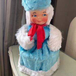 VTG 1970 Blue and White Plush PYJAMA Doll with Red Bow 😊